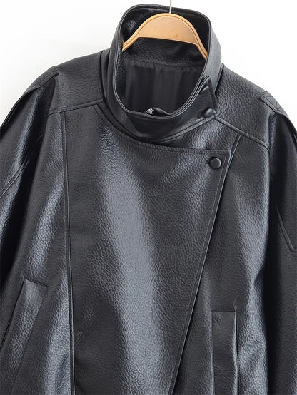 Women's Jacket Fall New Black Long Sleeve Pebble Faux