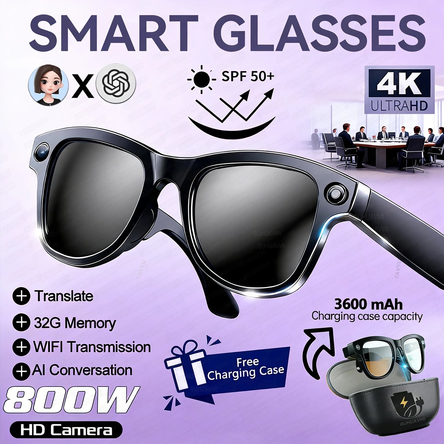 New 800W 4K HD Camera AI Smart Glasses 32G Recording