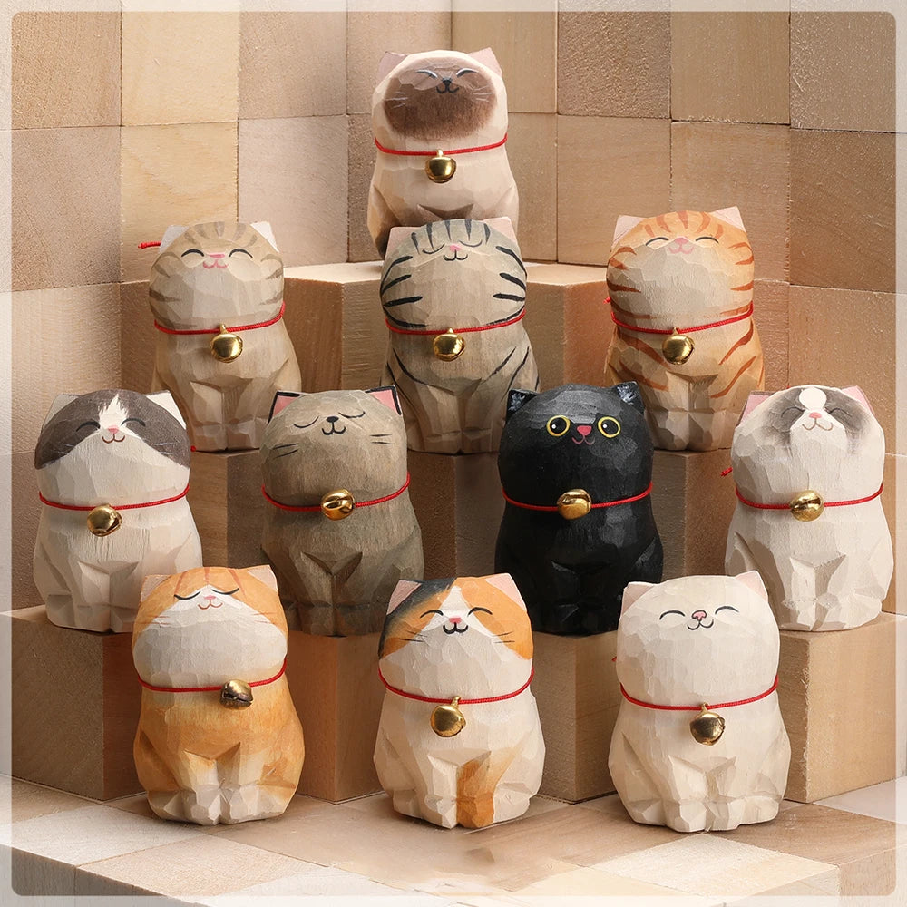 Cute Cat Animals Figurine Decorative Wooden Ornament