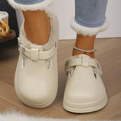 Waterproof Eva Furry Mules Slippers Women Winter Metal Buckle