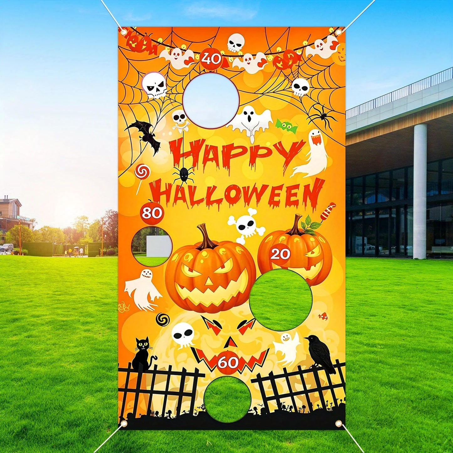 Halloween Bean Bag Toss Game Banner Pumpkin Bat Skull