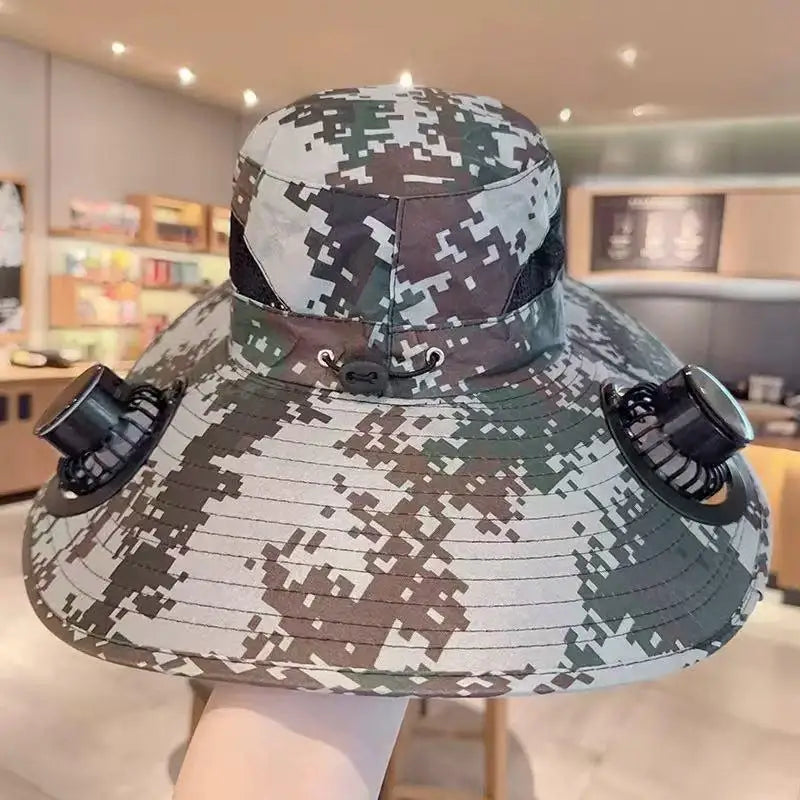 Large Size Quick Dry Bucket Hat With Solar Powered Fan USB Charging