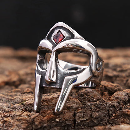 Punk Vintage Stainless Steel MF DOOM Mask Rings With Red Stone