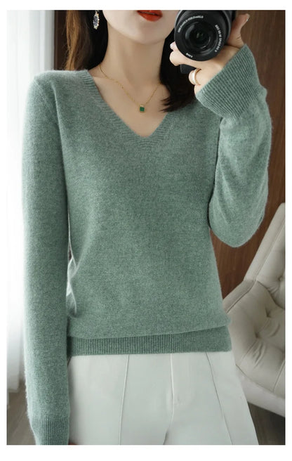 Women's Sweater Autumn Winter Knitted Pullovers V-neck