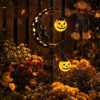 Halloween Solar Garden Stake Light Black Cat On Moon