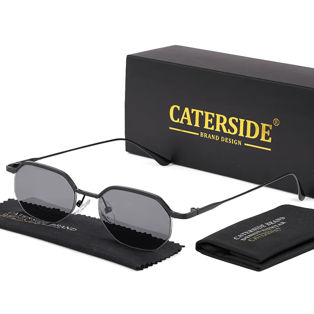 Retro Polygon Sunglasses Men Metal Semi Rimless
