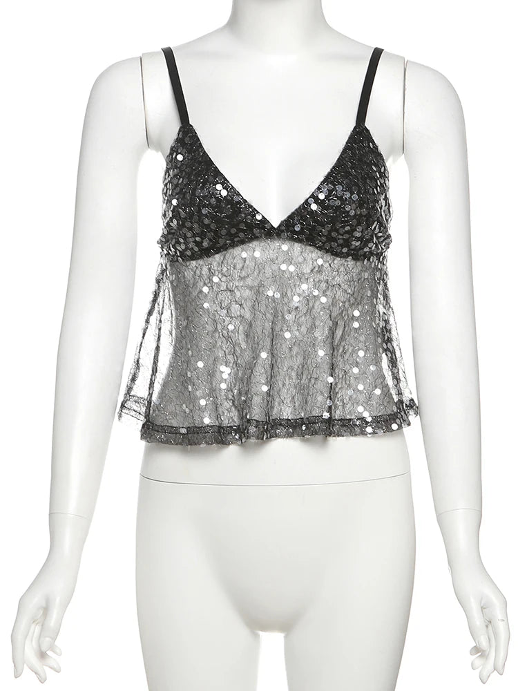 Weird Puss Sequins Patchwork Mesh Camisole Women