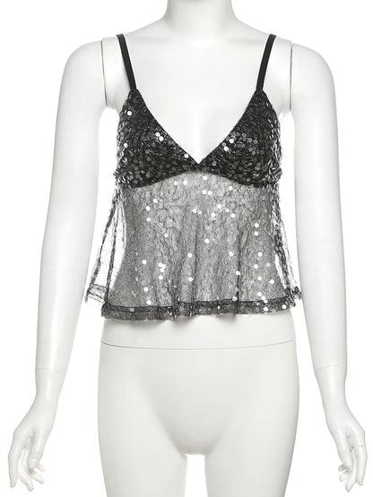 Weird Puss Sequins Patchwork Mesh Camisole Women