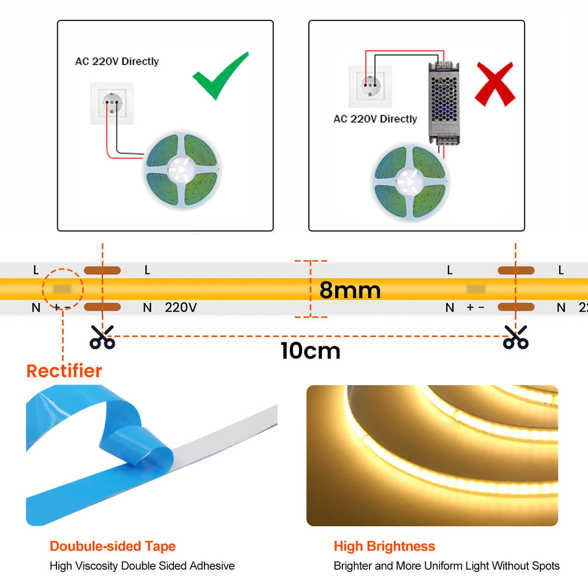 220V 110V 5m-20m COB LED Strip Light Lighting Flexible