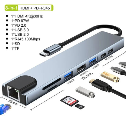 USB C Hub 8In1 7in2 7in1 Type C 3.1 To 4K HDMI Adapter
