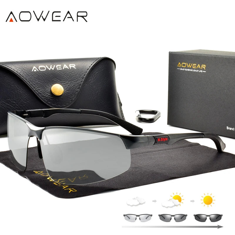 AOWEAR Mens Photochromic Polarized Rimless Sunglasses