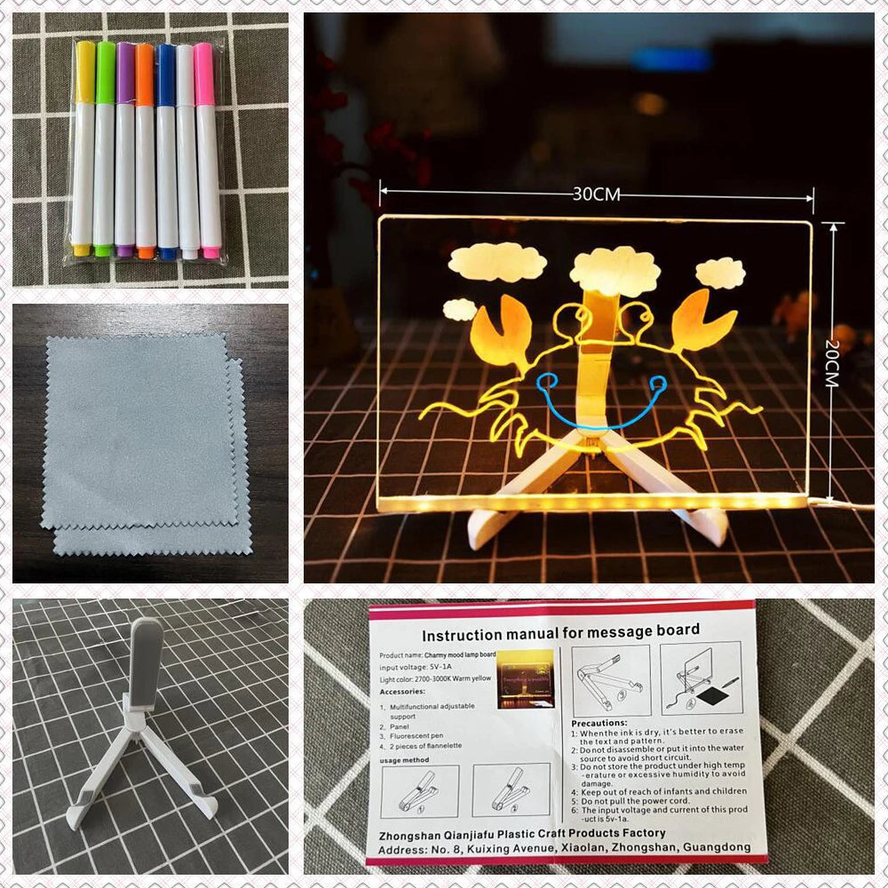 LED Note Board DIY Acrylic Night Light 7 Pens Drawing Board