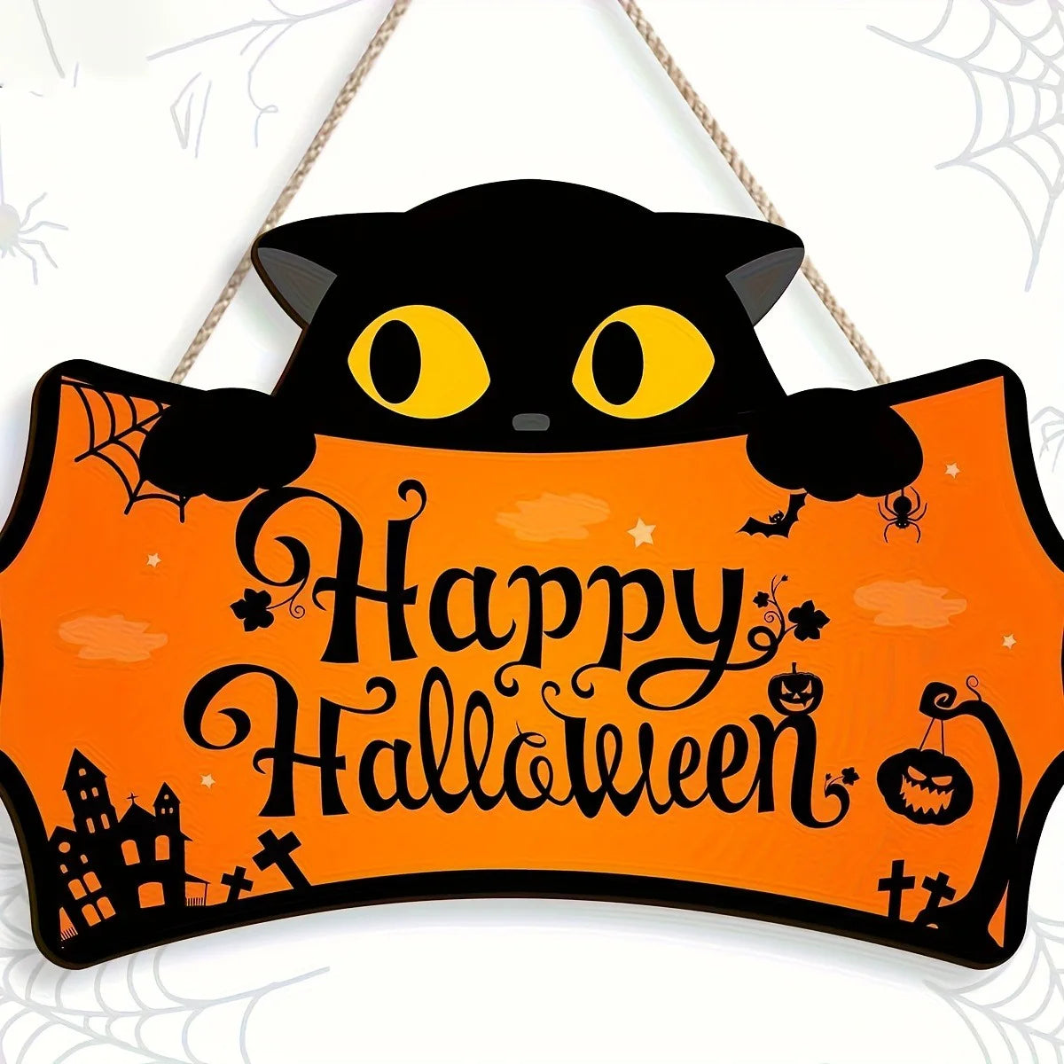 Black Cat Shaped Happy Halloween Wooden Hanging Sign Pumpkin Bat