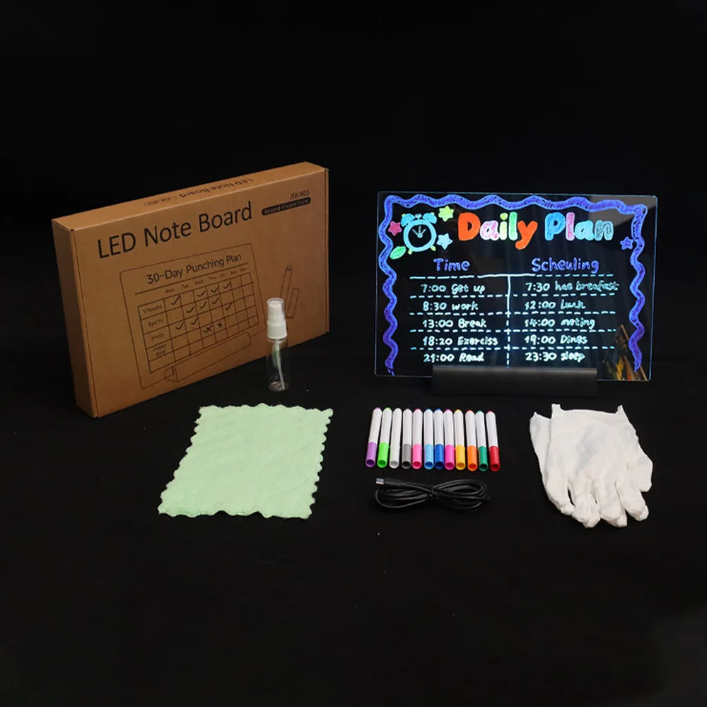 LED Note Board DIY Acrylic Night Light 7 Pens Drawing Board