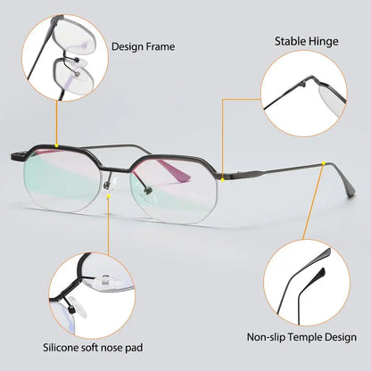 Retro Polygon Sunglasses Men Metal Semi Rimless