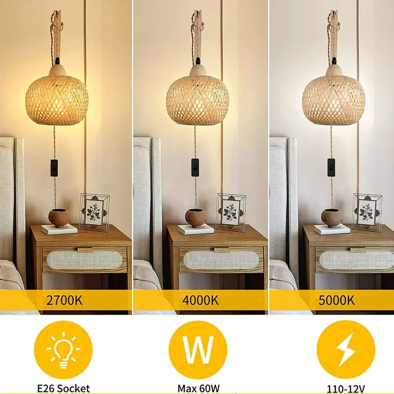 Bamboo Lantern Wall Lamp Natural Rattan Wicker E27 Chandeliers