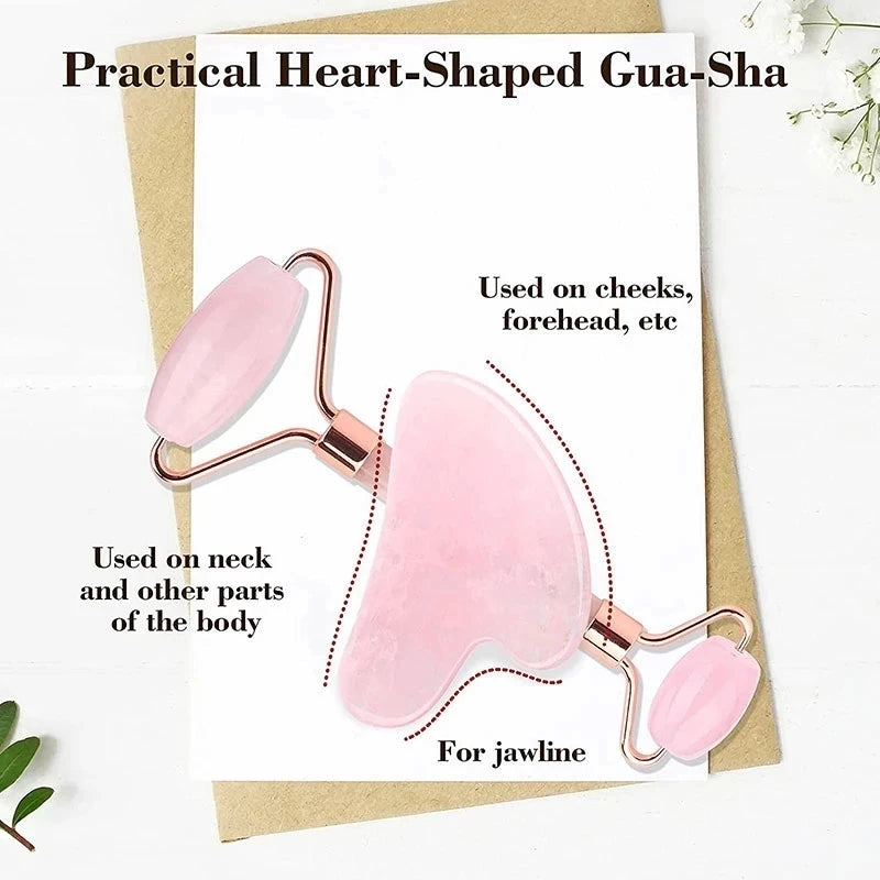 Rose Quartz Natural Jade Roller Massager Guasha Set