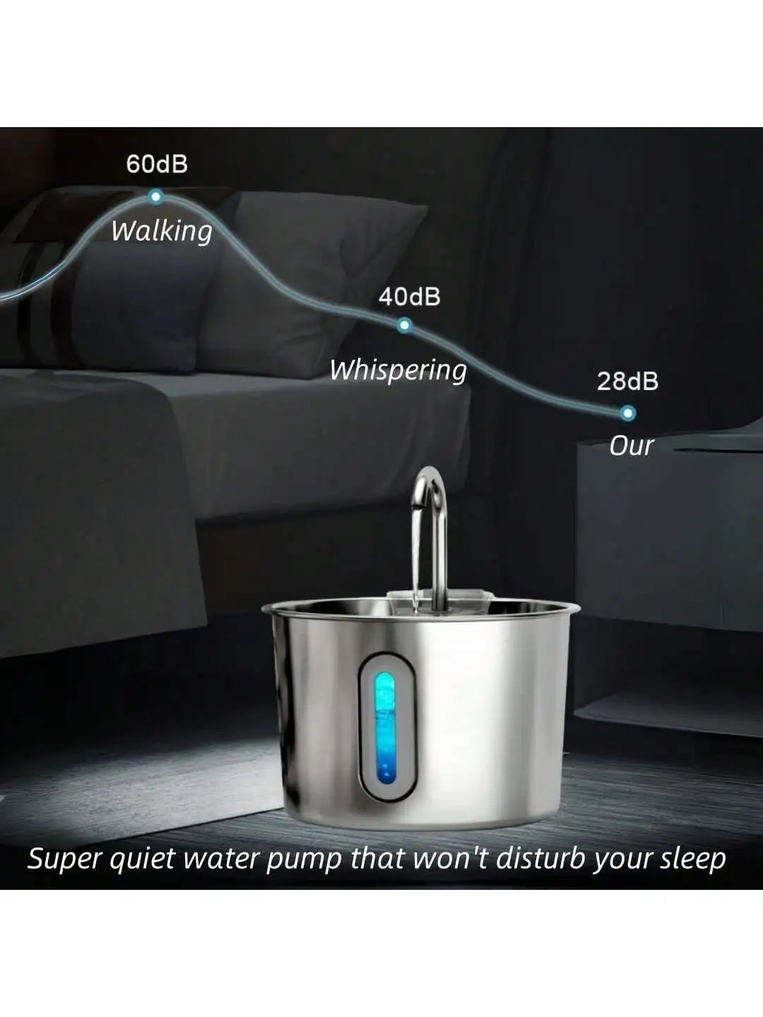 Stainless Steel Cat Water Fountain With LED Blue Light
