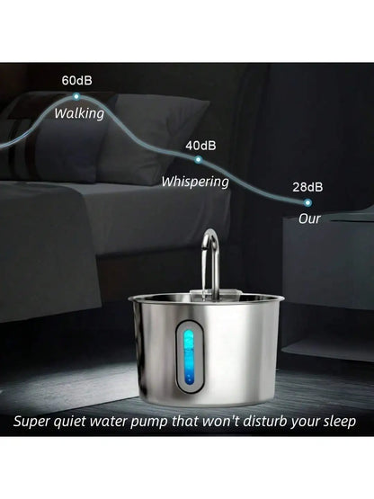 Stainless Steel Cat Water Fountain With LED Blue Light