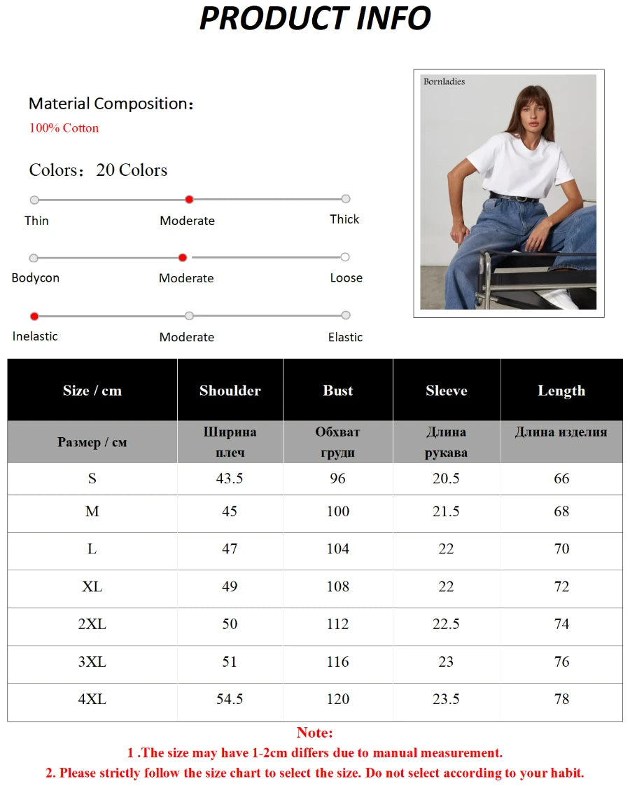 Bornladies Summer 100% Cotton Women's T-shirt Bottoming Tops