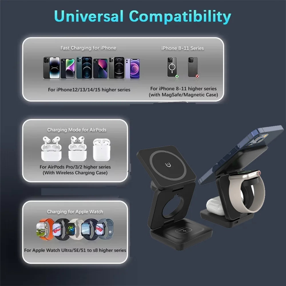 3 in 1 Wireless Charger Stand Magnetic Foldable Wireless Charging