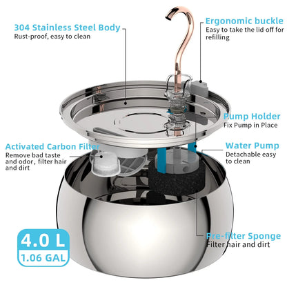 304 Stainless Steel Pet Water Fountain 4L/135 Oz with Faucet