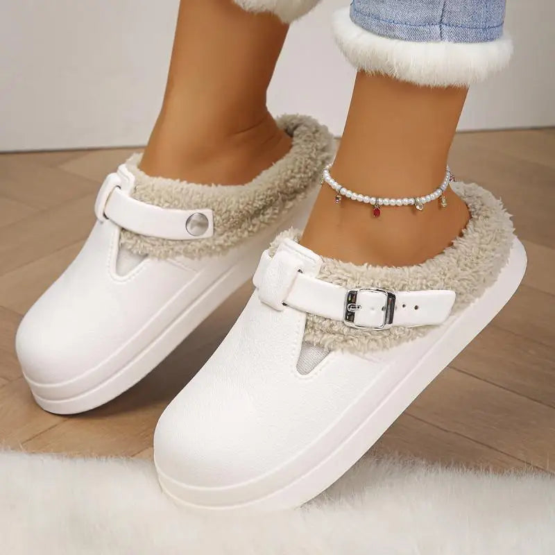 Waterproof Eva Furry Mules Slippers Women Winter Metal Buckle