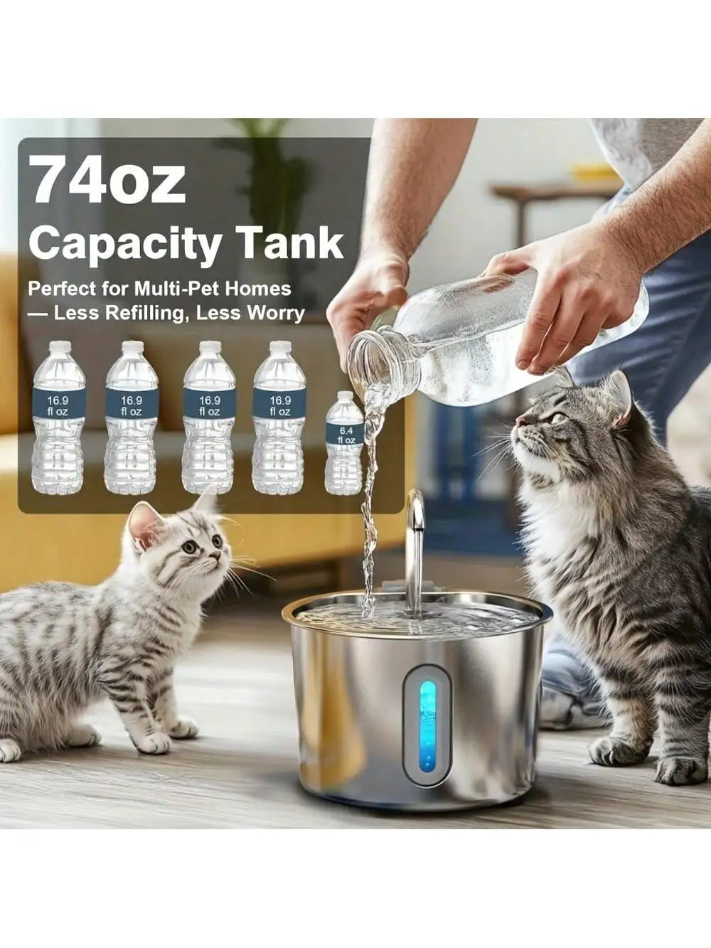 Stainless Steel Cat Water Fountain With LED Blue Light