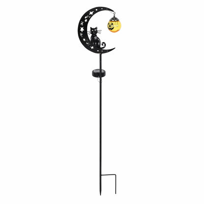Halloween Solar Garden Stake Light Black Cat On Moon
