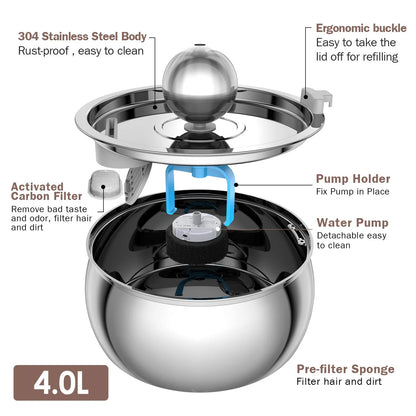 304 Stainless Steel Pet Water Fountain 4L/135 Oz with Faucet