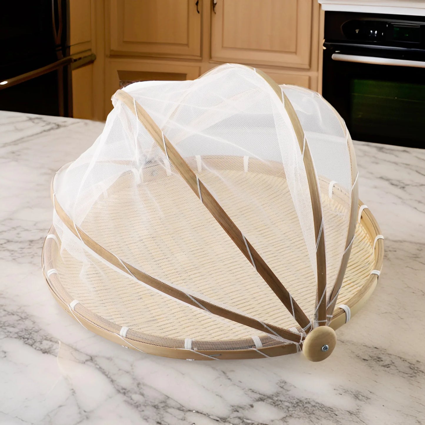 Handmade Bamboo Basket With Net Mesh Cover Kitchen Bread
