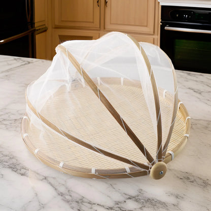 Handmade Bamboo Basket With Net Mesh Cover Kitchen Bread