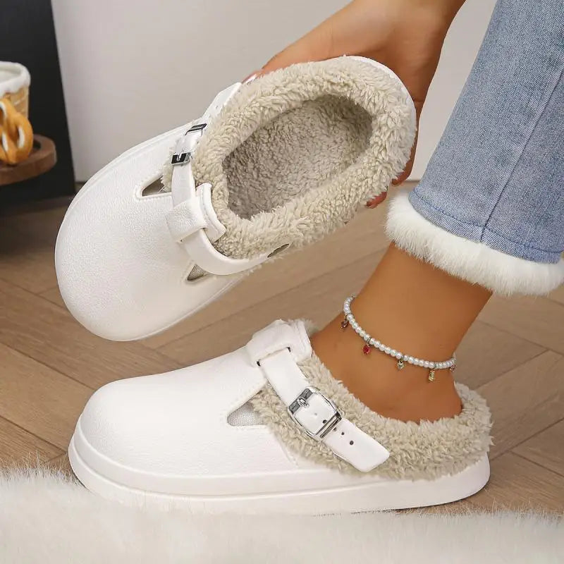 Waterproof Eva Furry Mules Slippers Women Winter Metal Buckle
