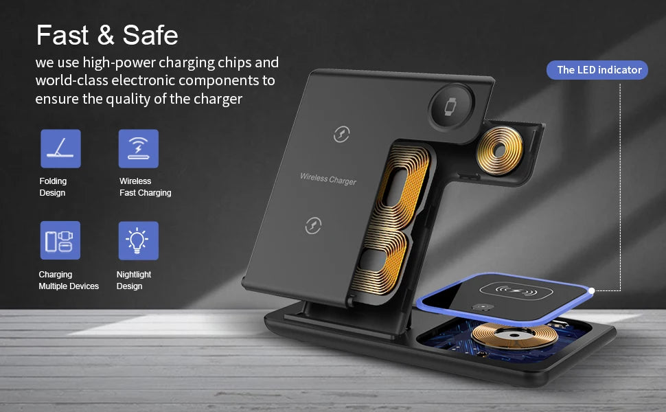 3 in 1 Wireless Charger Stand Pad Foldable Fast Charging
