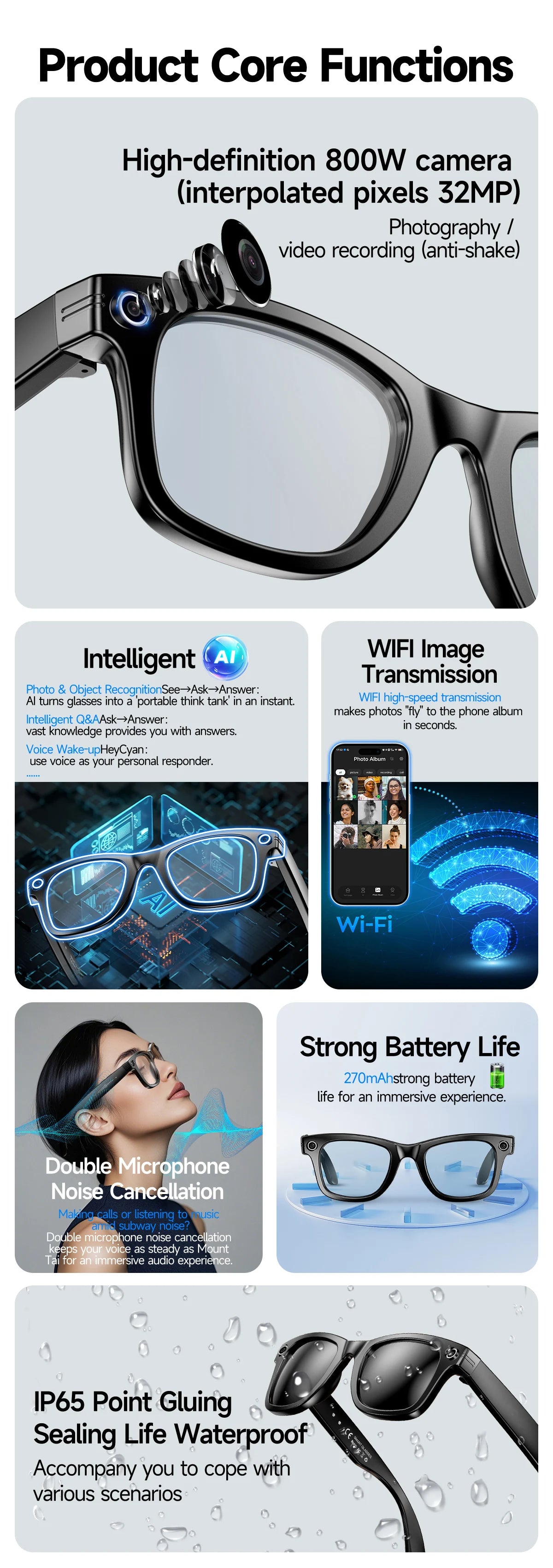 AI Smart Glasses with 8MP Camera Video Recording 100+ Languages