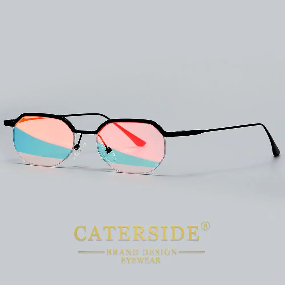 Retro Polygon Sunglasses Men Metal Semi Rimless
