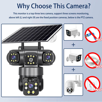 15MP 8K Wifi IP Camera Solar Outdoor Waterproof Three Lenses