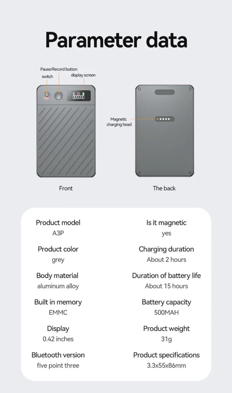 8-256GB AI Voice Recorder with Display Screen Real-Time Transcription