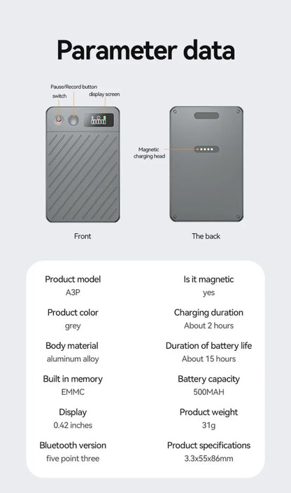 8-256GB AI Voice Recorder with Display Screen Real-Time Transcription