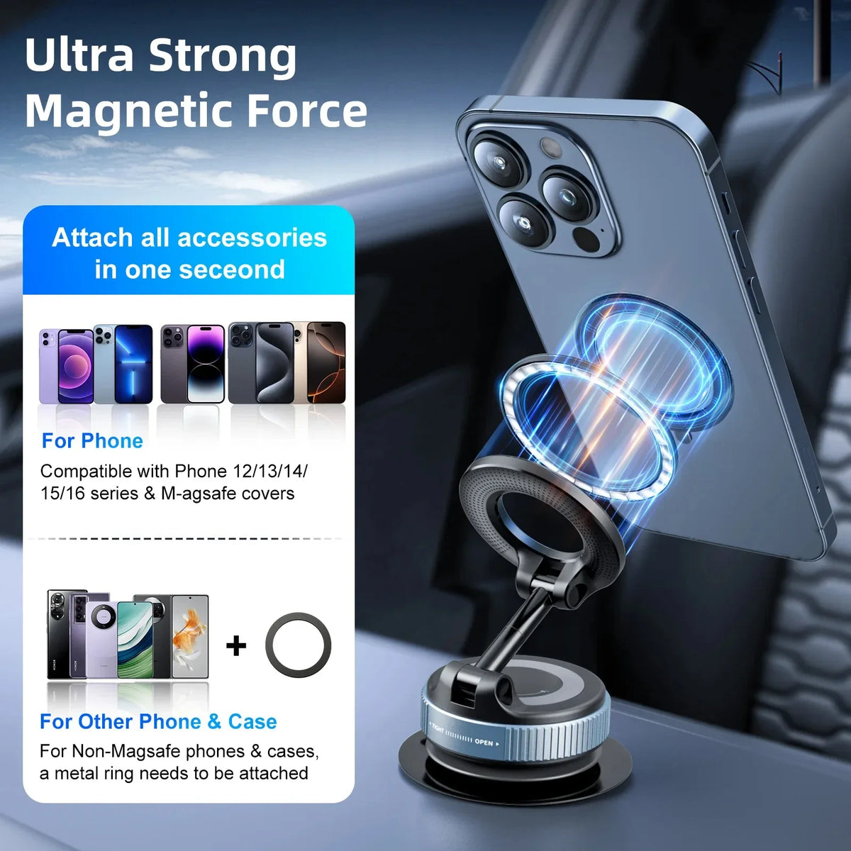 Car Mount Electric Vacuum Magnetic Holder Foldable Suction Stand