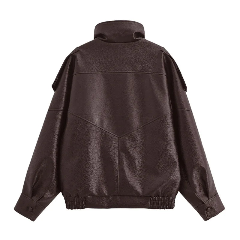 Women's Jacket Fall New Black Long Sleeve Pebble Faux