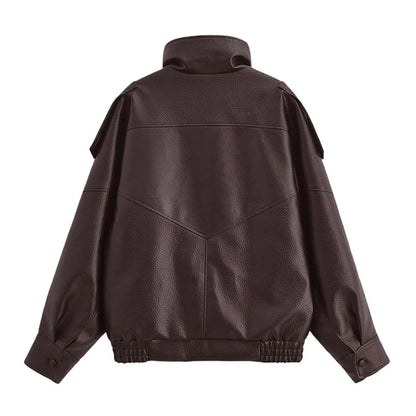 Women's Jacket Fall New Black Long Sleeve Pebble Faux