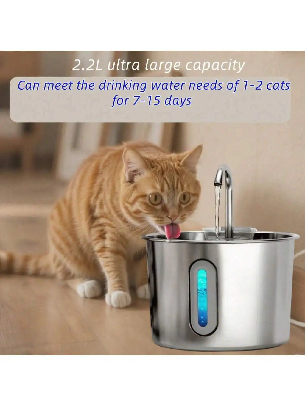 Stainless Steel Cat Water Fountain With LED Blue Light