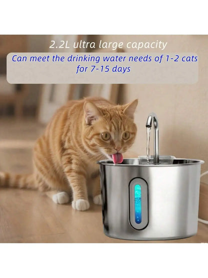 Stainless Steel Cat Water Fountain With LED Blue Light