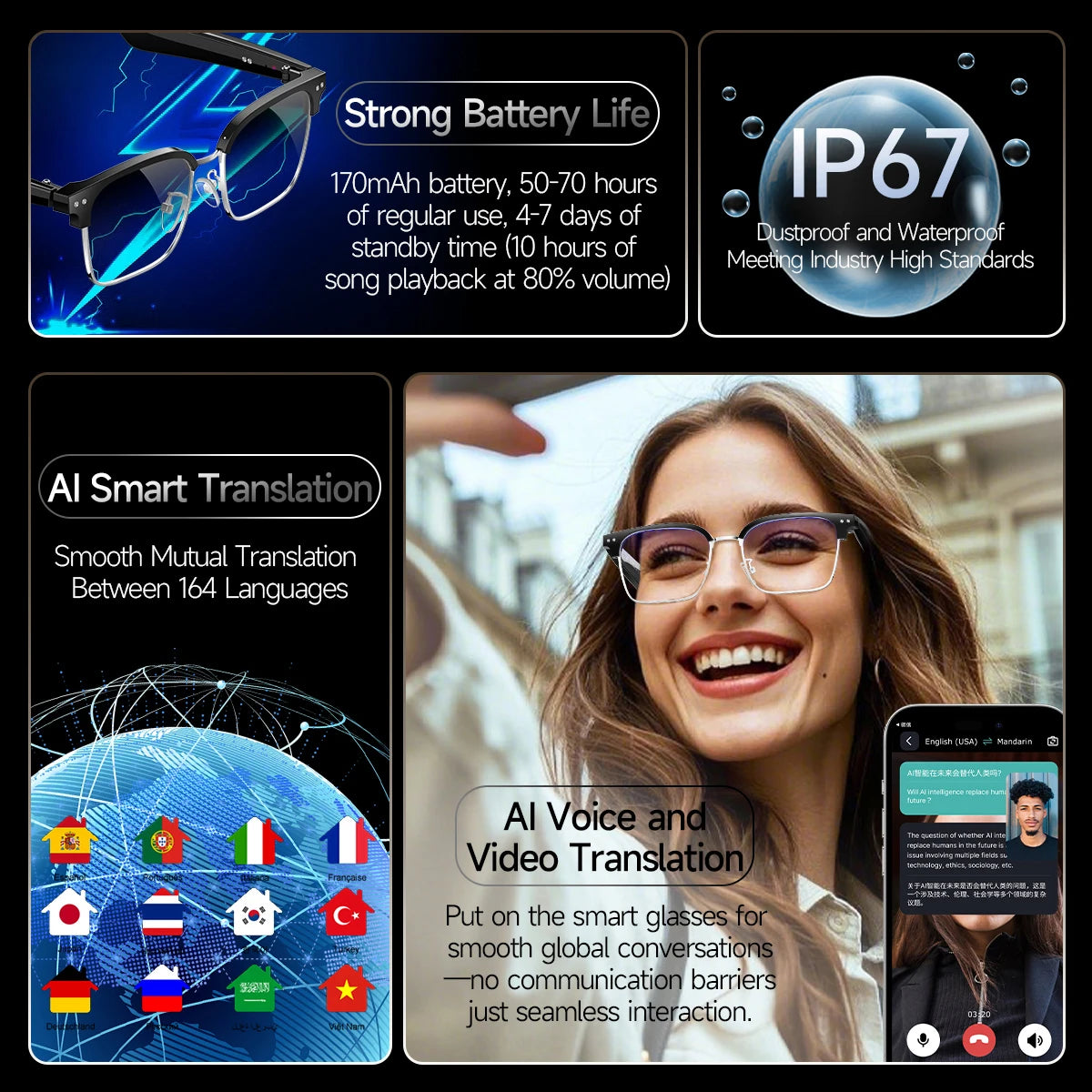 New Business Style Smart Glasses W100D Bluetooth Call AI