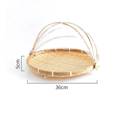 Handmade Bamboo Basket With Net Mesh Cover Kitchen Bread