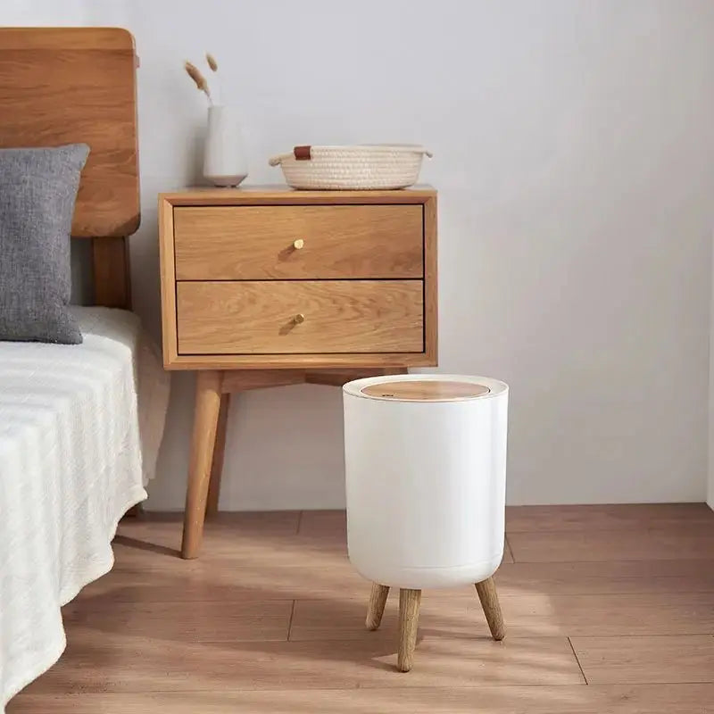 7L Round Wood Grain Trash Can Press Type Garbage Can