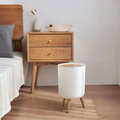 7L Round Wood Grain Trash Can Press Type Garbage Can