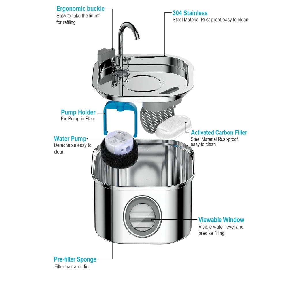 Automatic Cat Water Fountain Square Stainless Steel