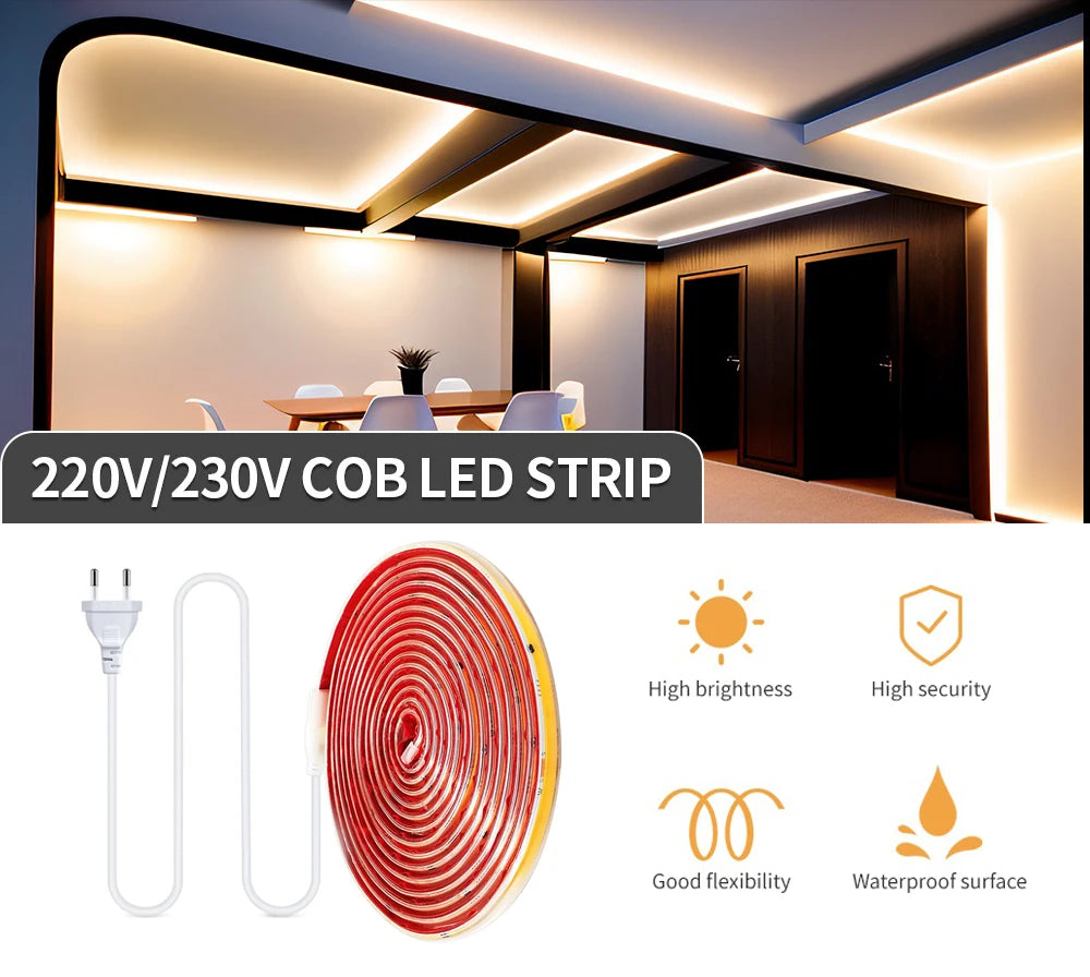 220V COB LED Strip Light 296 LEDs/m High Brightness